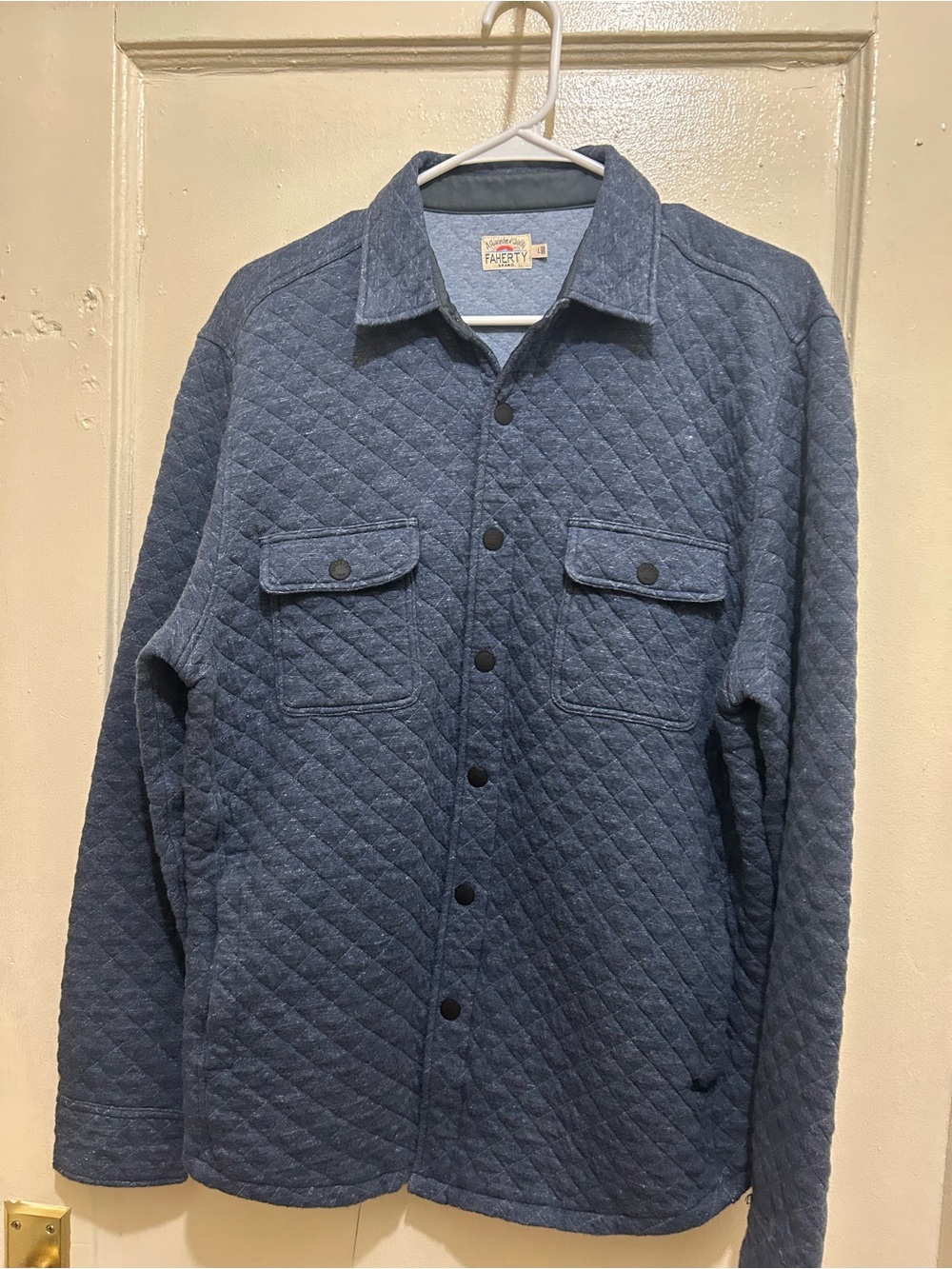 Faherty Preppy Quiet Luxury Quilted Fleece Shacket Sz L Blue w/Pockets & Snaps